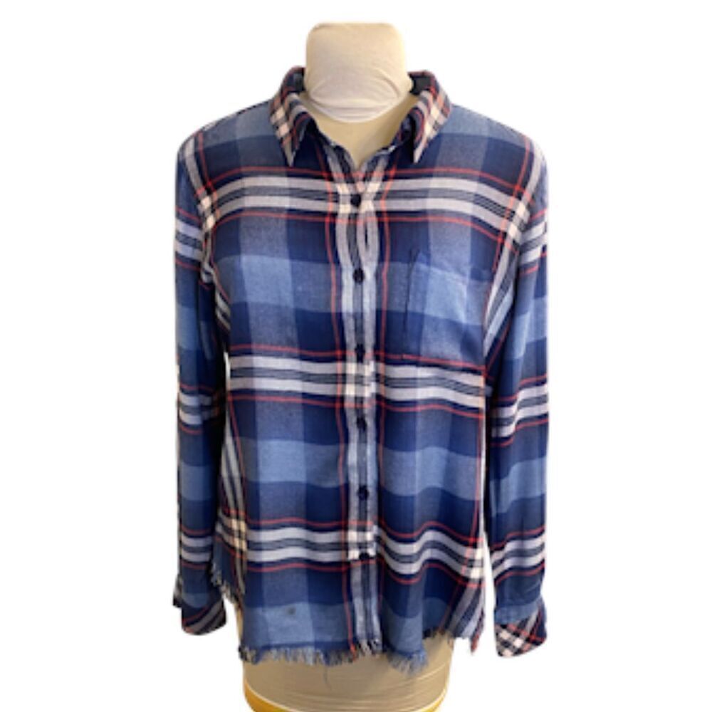 Dylan Plaid Button Front Blouse Fringe Hem Roll Up Sleeves Sz. L Packable
